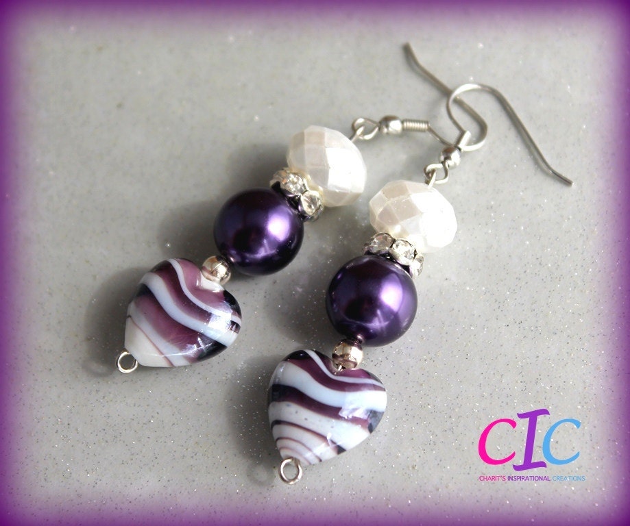 Purple and White Lampwork Heart Earrings