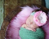 Baby Flower Headband - Newborn Headband - Photo Prop - Light Pink Silk Flower on Green Lace Headband