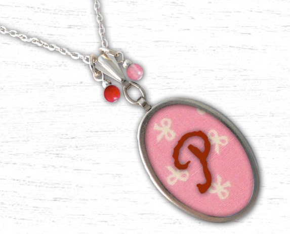 Embroidered Initial Necklace - Custom Monogram Initial Letter Pendant & Chain -  Bows Pattern