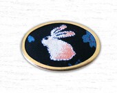 Hand Embroidered Pin Navy Blue Kimono Rabbit Fabric Brooch