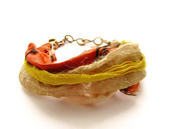 Yellow and Orange Bohemian Sari Silk Bracelet with Hammered Brass Chain and Copper Key Charm - heversonart