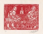 LOVERS OF FLOWERS / original Linocut on oriental paper / church / bouquet / two girls / christmas / russian / love