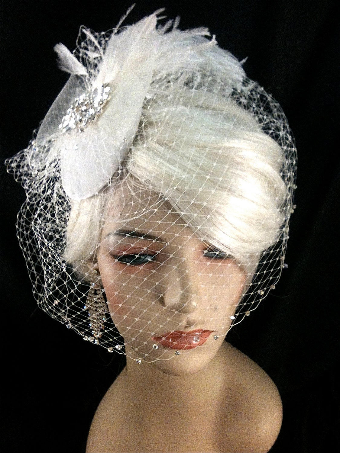 Birdcage Veil, Bridal Hat, Ivory, Feather Fascinator, Wedding Head Piece, Veil, Swarovski Crystals and Rhinestones - Velvet or Dupioni Silk