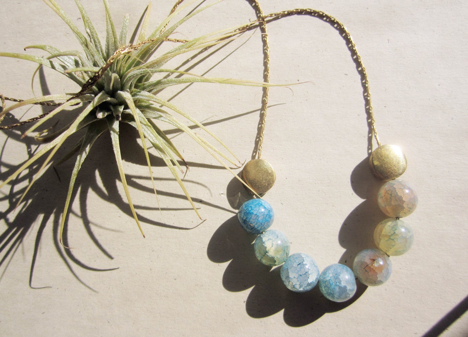 Le Mer Color Shift Necklace in Agate- Gorgeous Agate beads with vintage brass chain and solid brass beads