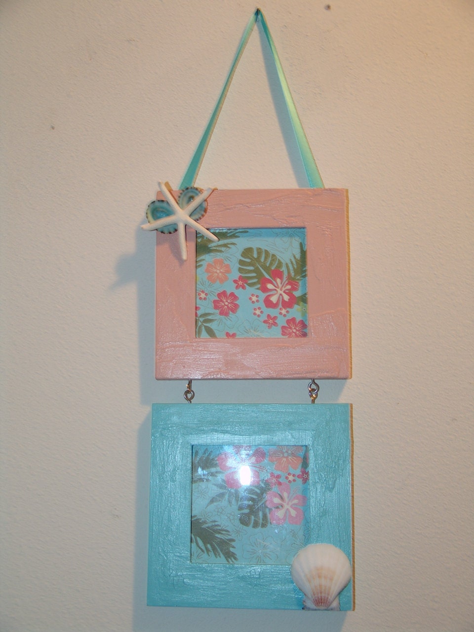 Beach Home Decor- Peach and Aqua Double Photo Frame with Fun, Tropical Background, Starfish, Scallop and Blue Limpet Shells