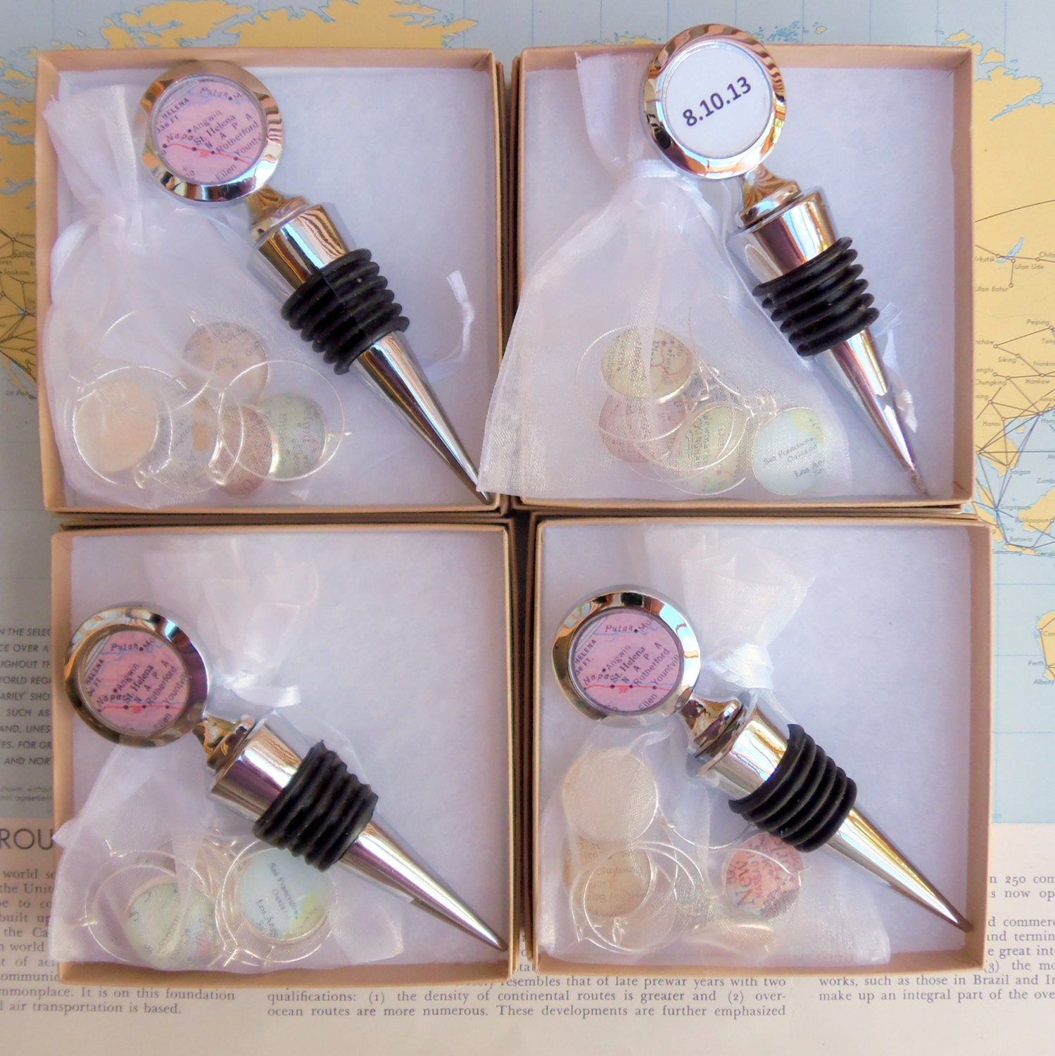 Four Two Sided Custom MAP Wine Bottle Stoppers, Four Sets of Four Wine Charms