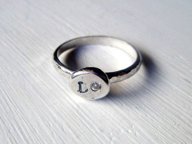 Personalized Beach Pebble Ring With Flush Set Gemstone In Sterling Silver Recycled Your Size