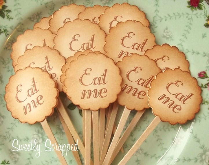 Eat Me - Alice in Wonderland Inspired Party Toppers - Vintage Inspired - Hand Aged, Chocolate Brown, Manila Cream