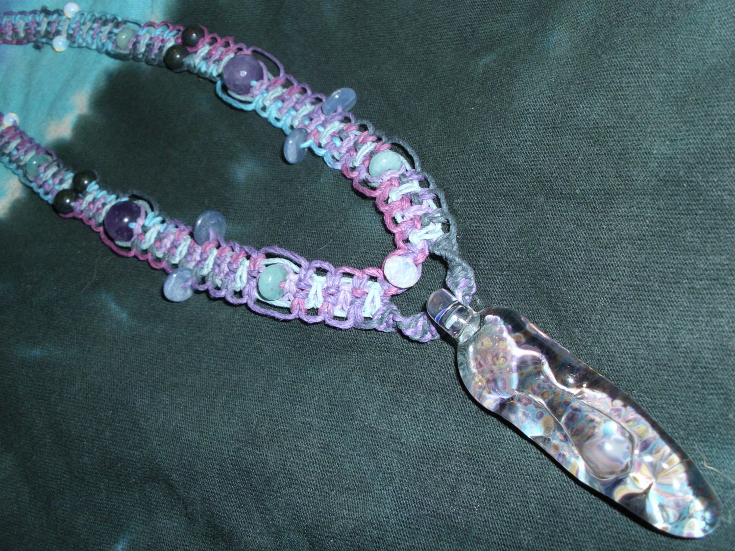 FaCeD- hemp macrame necklace with kyanite, lapis lazuli, amethyst, moonstone gemstone beads, handblown glass face pendant, hemp jewelry