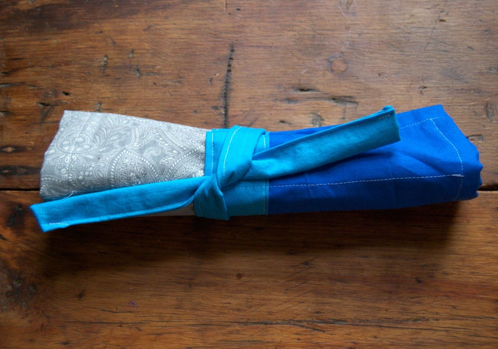 Blue and Gray Portable Placemat with Reusable Cloth Napkin