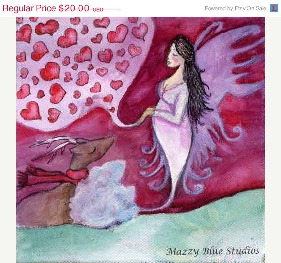 Art Print Illustration Watercolor  Deer Angel Love Hearts Whimsical Mother Nature Gift 8x10