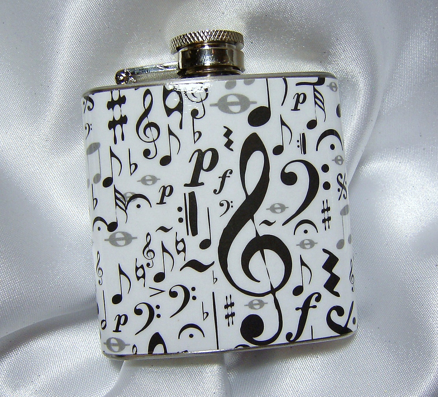 3 oz Womens Mini Hip Flask w/ Music Notes w/ Black Tote and Funnel - Great Gift Idea