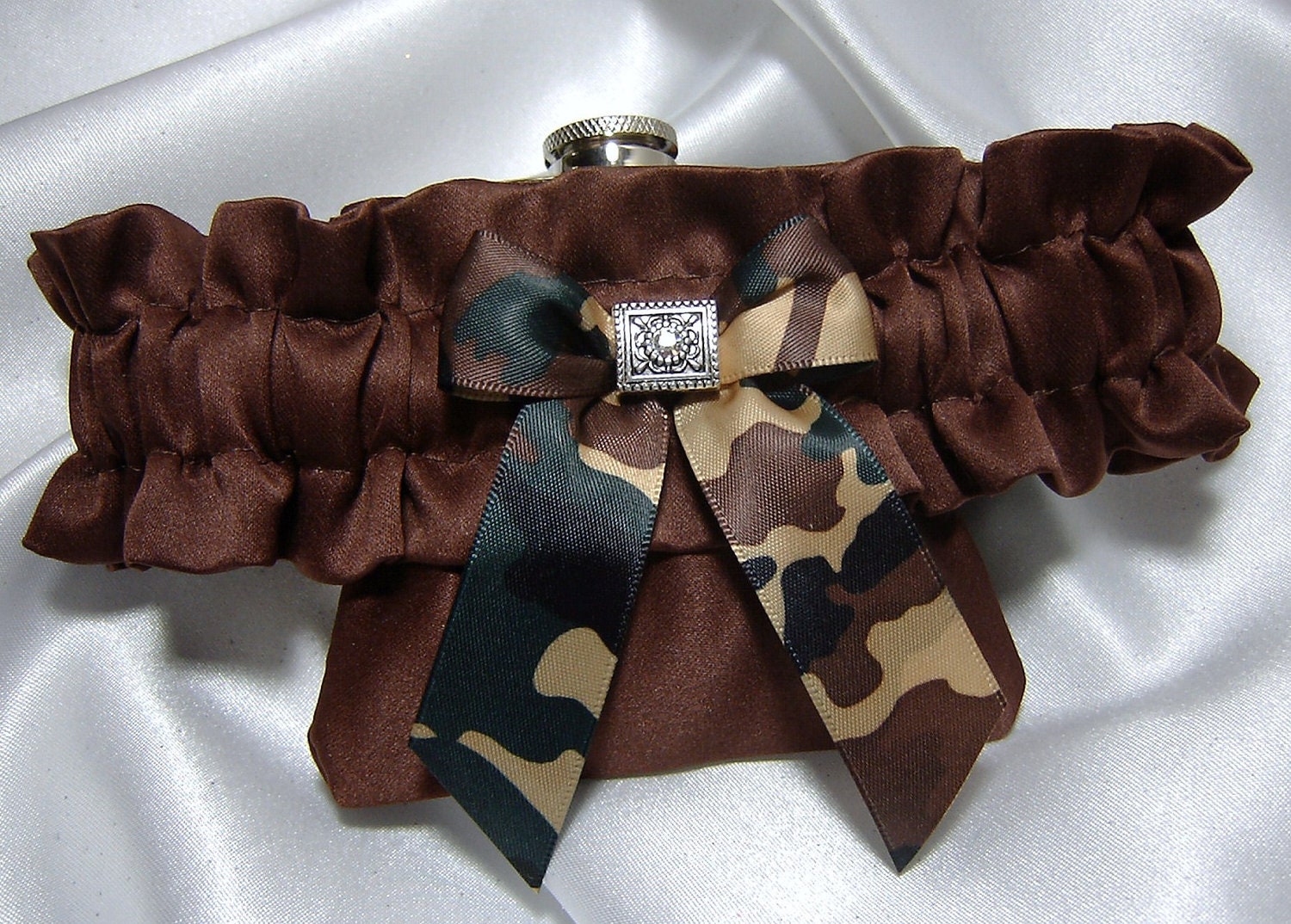 Flask Garter - Brown Satin Flask Garter with Camouflage Bow and Crystal Charm -  3 oz Stainless Steel Hip Flask Included