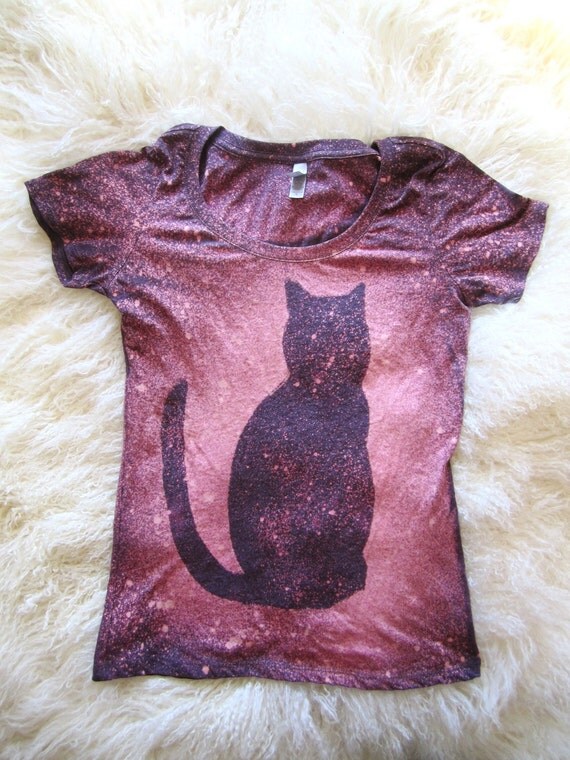 Cat shirt - Galaxy Shirt - Pink and Purple - Cat Silhouette - Bleach Tee- Short Sleeve Scoop Neck Tshirt size LARGE (L)