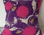 NEW Japanese fabric cushion cover in purple background with bird and floral motif, throw pillow, decorative cushion