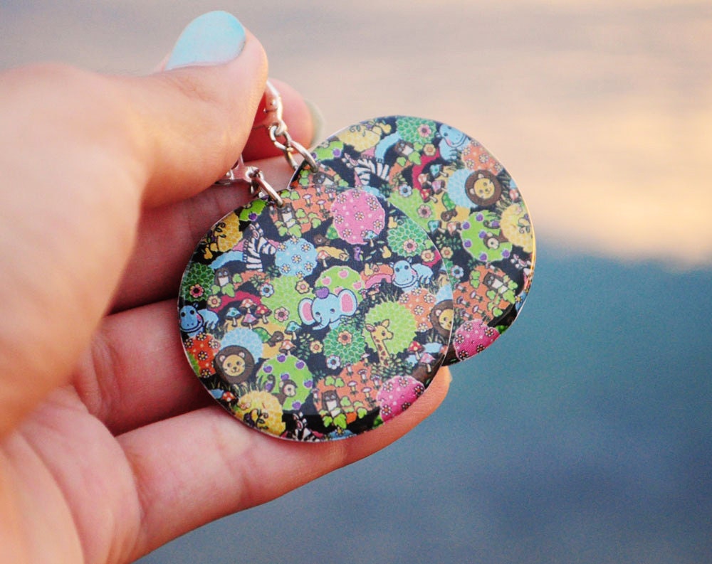 Resin earrings animals - fun earrings, zoo print, green blue black earrings, jewelry, gift idea for her - made to order