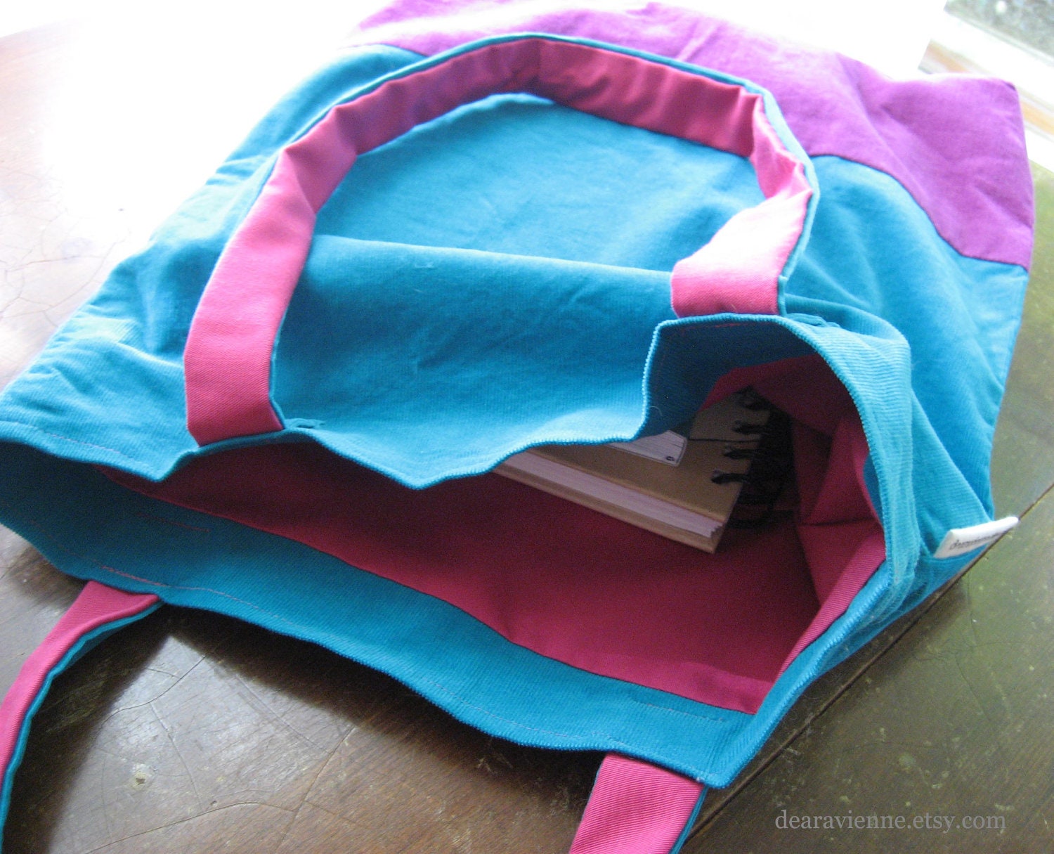 Colorblock Tote Bag / Blue & Pink Corduroy with Solid Pink Lining / Colorful / Handmade