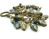 Bracelet Moss Green Leaves Antique Brass Chain Earth Tone Wire Wrapped Nature Inspired