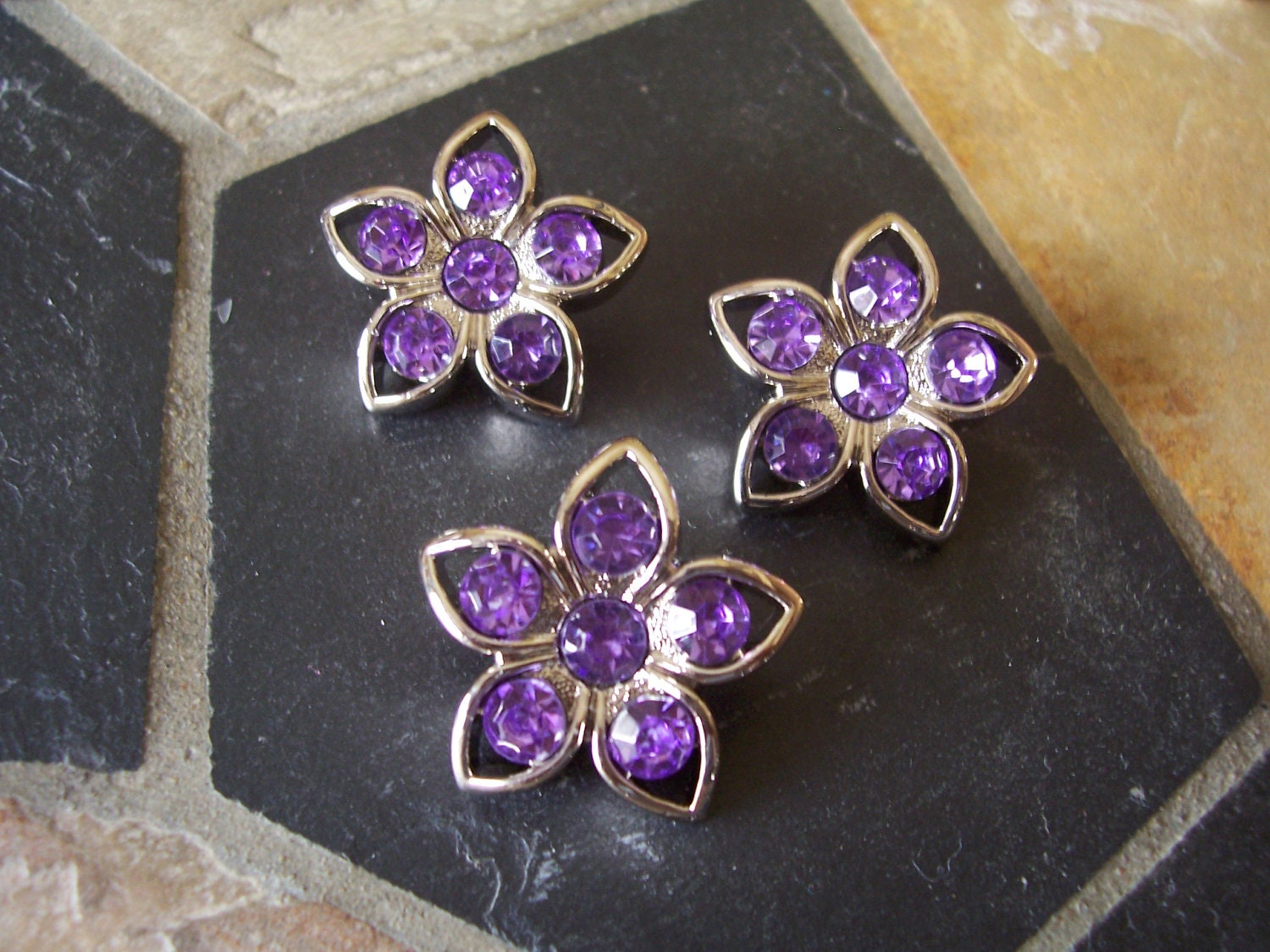 3 Lavender Flower Rhinestone Crystal Silver Buttons for Hair Flower Center Embellishments Clip Wedding Accessories(B1003)