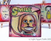 Original Mixed Media Painting - 'Doggy Smile' Whimsical Collage Happy X5