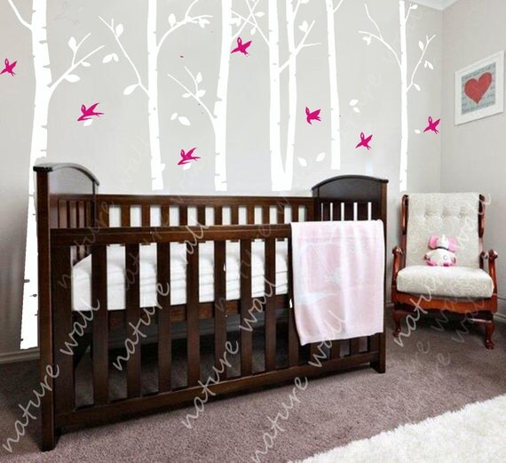 white Tree Decals Kids wall decals baby decal nursery decal room decor wall decor wall art birch decals-birds in Birch forest
