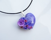 Polymer clay purple heart pendant with pink roses on black cotton cord necklace