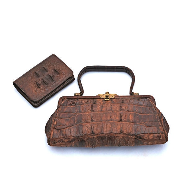 Antique Crocodile Handbag and Wallet 1920s Vintage