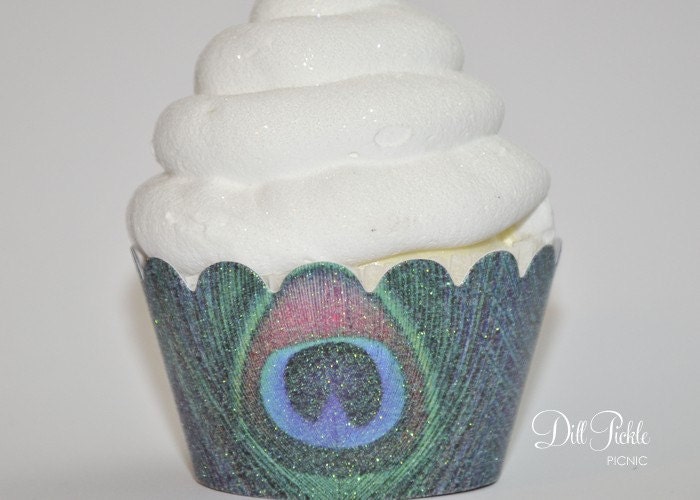 Mini Peacock Themed Glitter Cupcake Wrappers - Mini Cupcake Muffin Wraps Set of 24
