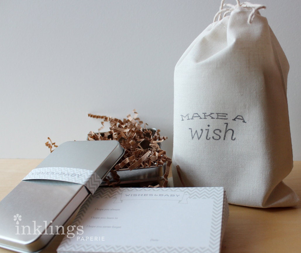 24 "Wishes for Baby" Cards / Shower Activity with Keepsake Tin in Muslin Bag