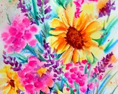 Original Watercolor of Spring Bouquet Sunflower Lilacs by Colorado Artist Martha Kisling
