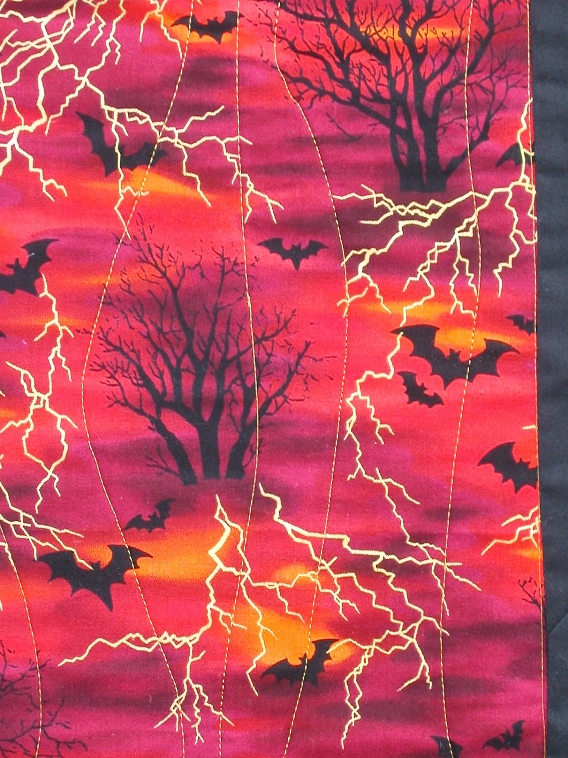 QUILTED HALLOWEEN RUNNER or Wall Hanging with Bats, Trees and Gold Lightning - TessieTextile