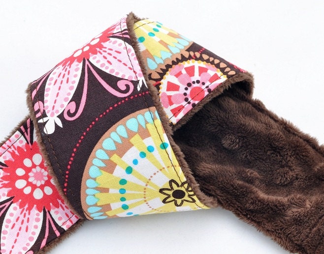 dSLR Camera Strap Cover - Carnival Bloom with Chocolate Brown Minky - Spring Accessories Spring Fashion