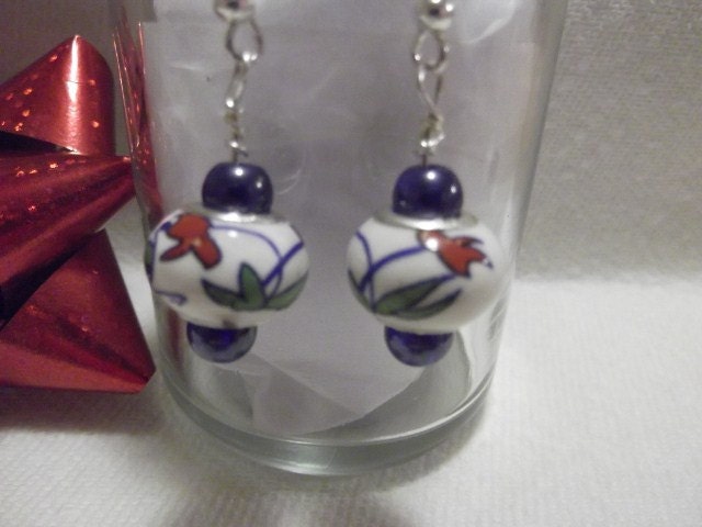 Handmade Lampwork Glass Dangle Earrings Stamped 925 Sterling Silver Core