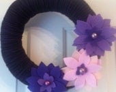 Handmade Yarn Wreath with purple and pink flowers-Door-Wall Decoration-12 in Wreath- Ready to Ship