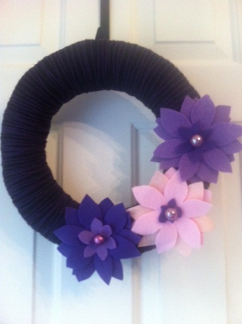 Handmade Yarn Wreath with purple and pink flowers-Door-Wall Decoration-12 in Wreath- Ready to Ship