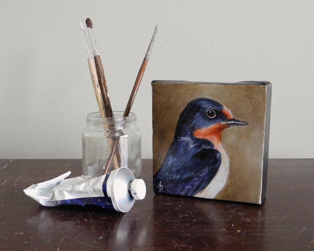 Barn Swallow bird art block, mini canvas painting, songbird art 4x4 original - BirdsinHand