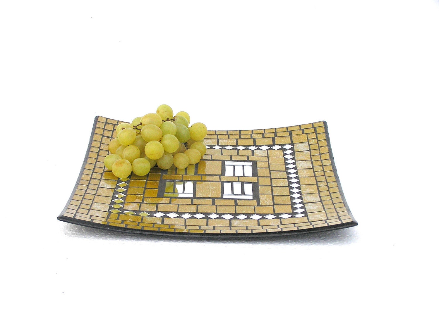 Golden angular fruit platter tray yellow mosaic chic modern home decor with mirror pieces
