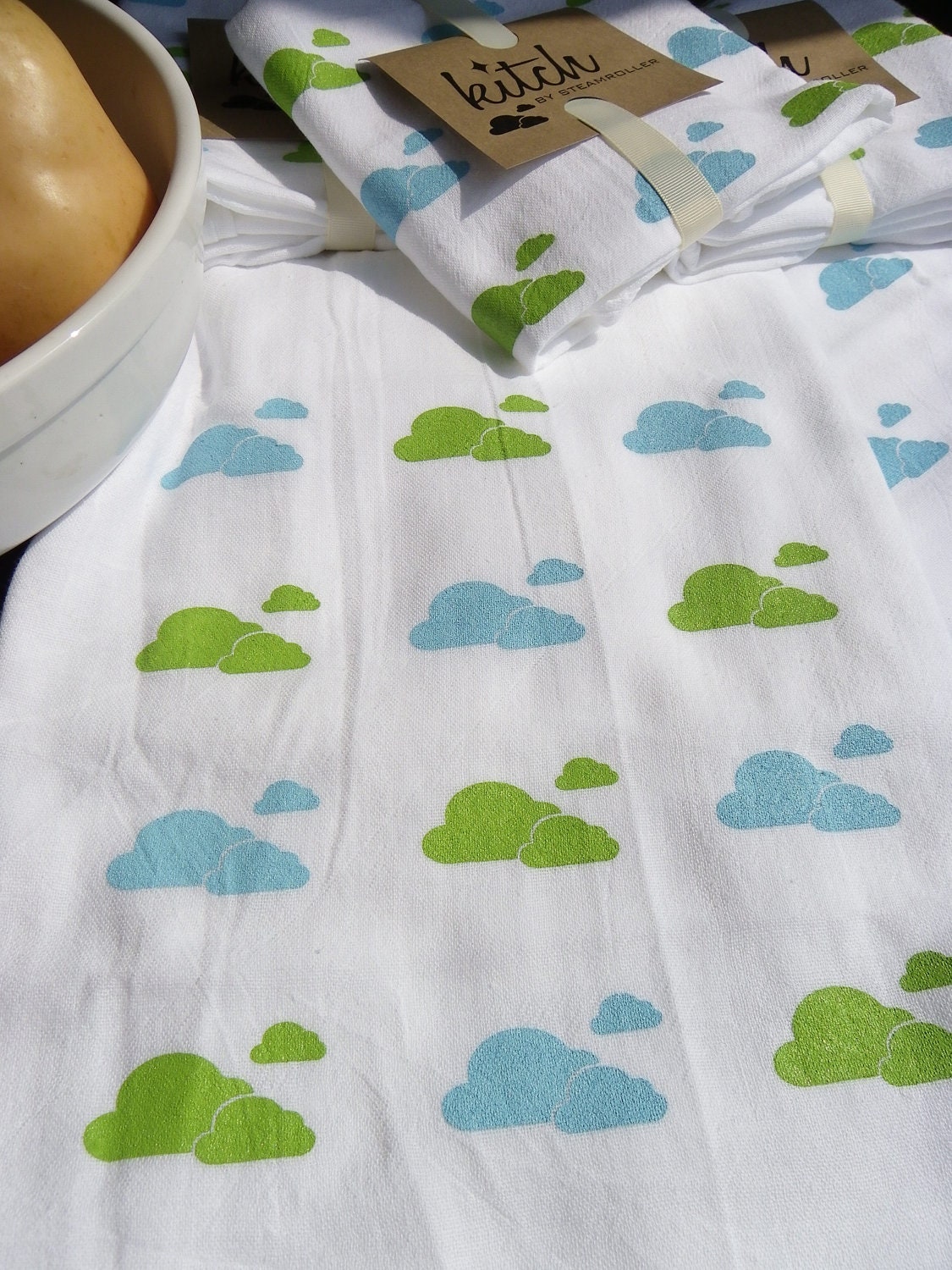 Fluffy Clouds Flour Sack Tea Towel by Kitch Sky Blue and Light Green Dish Cloth
