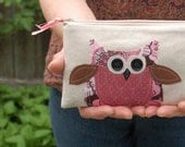 owl zipper pouch, pink brown white, valentine pencil bag, ready to ship by mamableudesigns on etsy
