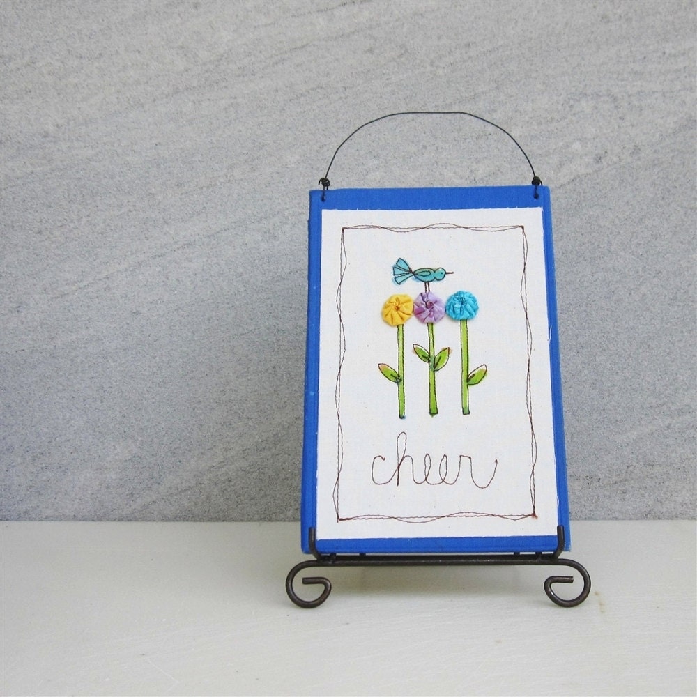 inspirational sign, blue wall hanging, flowers and bird illustration, READY TO SHIP by mamableudesigns