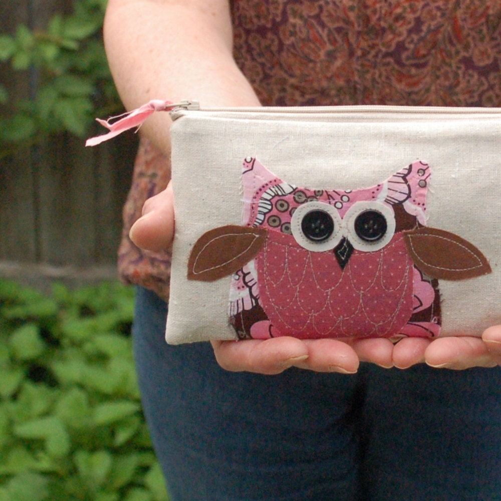 owl zipper pouch, pink brown white, valentine pencil bag, ready to ship by mamableudesigns on etsy