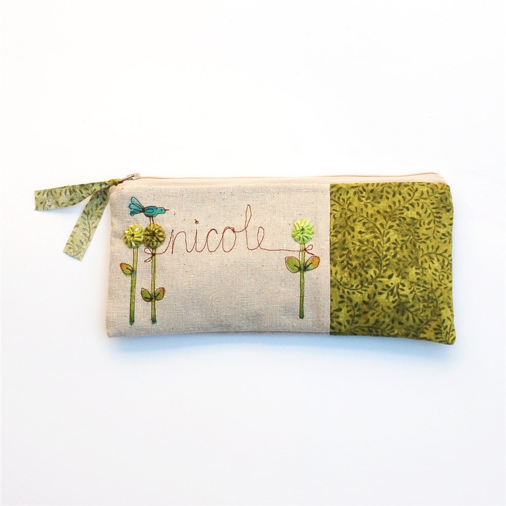 personalized clutch purse, cursive name, green leaf vine, woodland, gift under 50 MADE TO ORDER by mamableudesigns on etsy