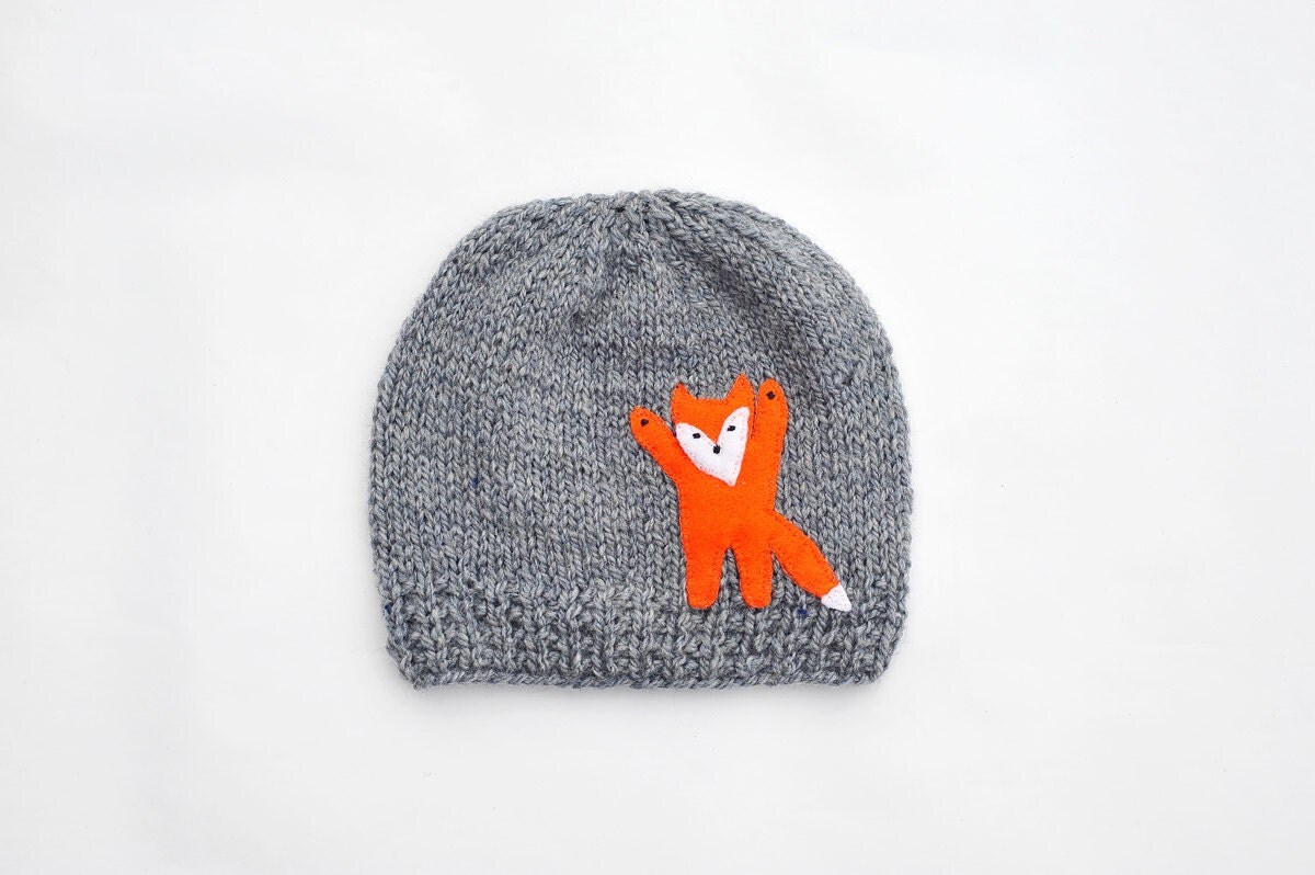 Baby Girls / Boys Toddler Hat, hand knitted Grey beanie with Fox Applique, sizes - 18-24 M, 3-4 T