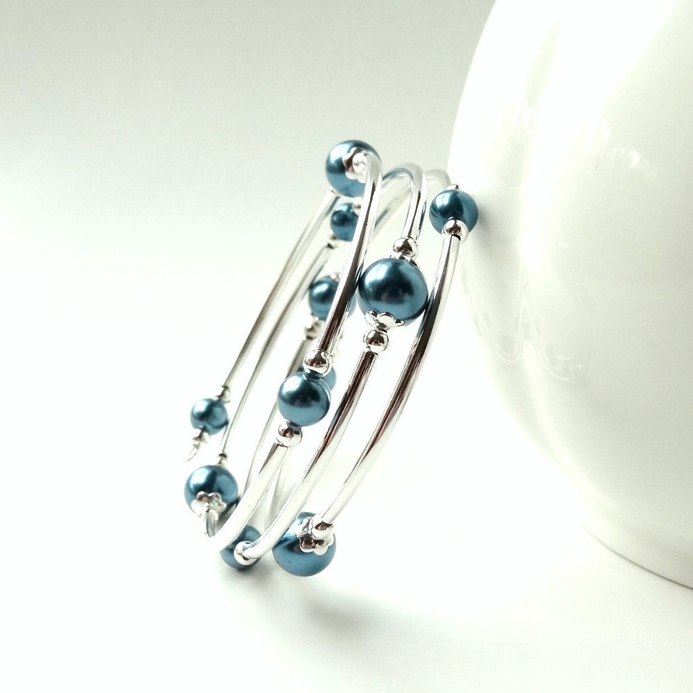 Blue Pearl Bracelet Memory Wire Bangle Style Blue Teal Pearls