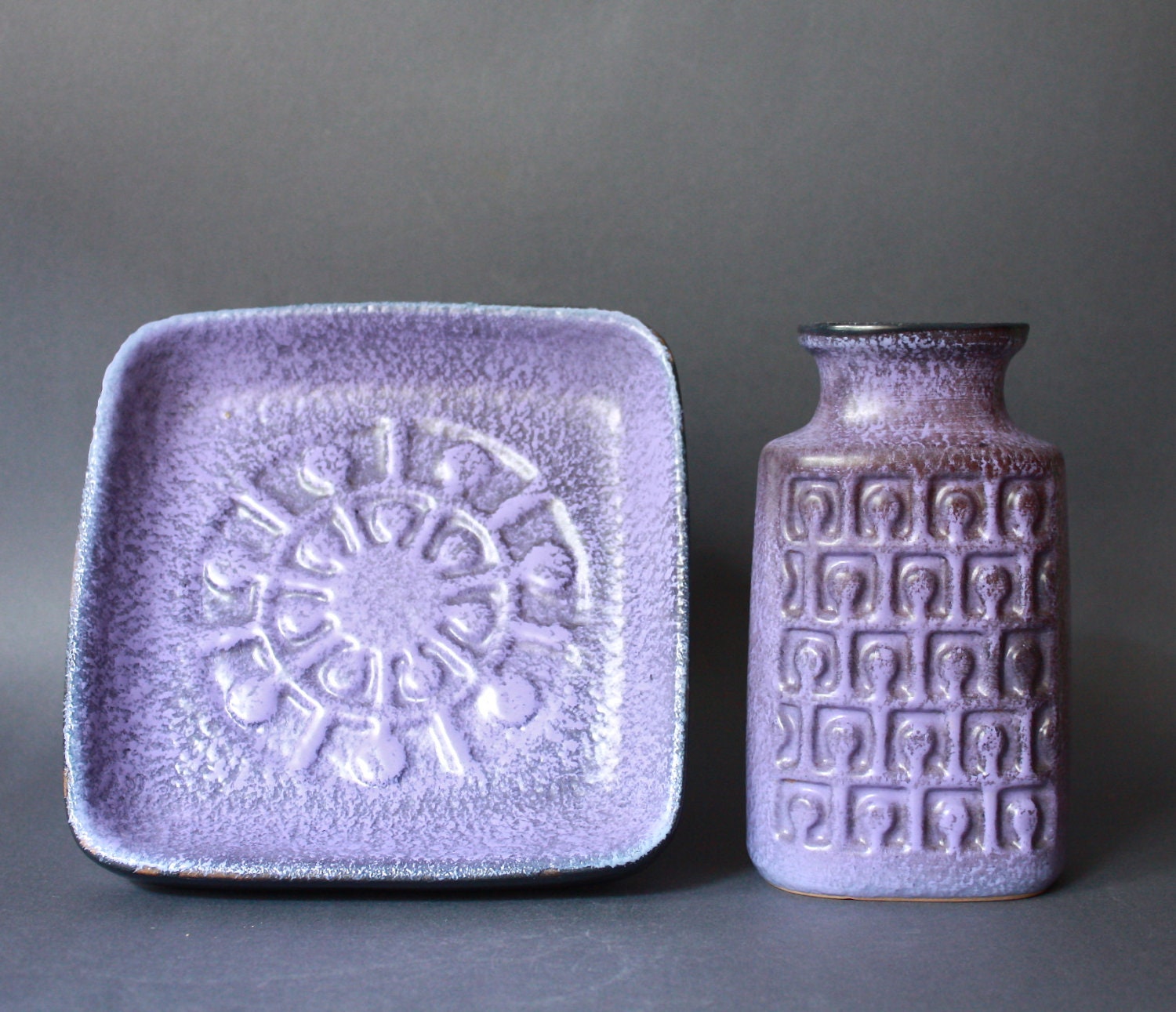 Set of Two Op Art  East German Pottery VEB Haldensleben Vase and Bowl
