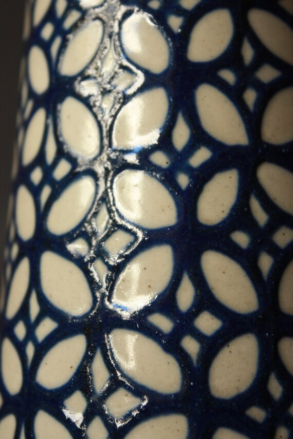 Vintage STUDIO Pottery Vase Patterned White and Blue