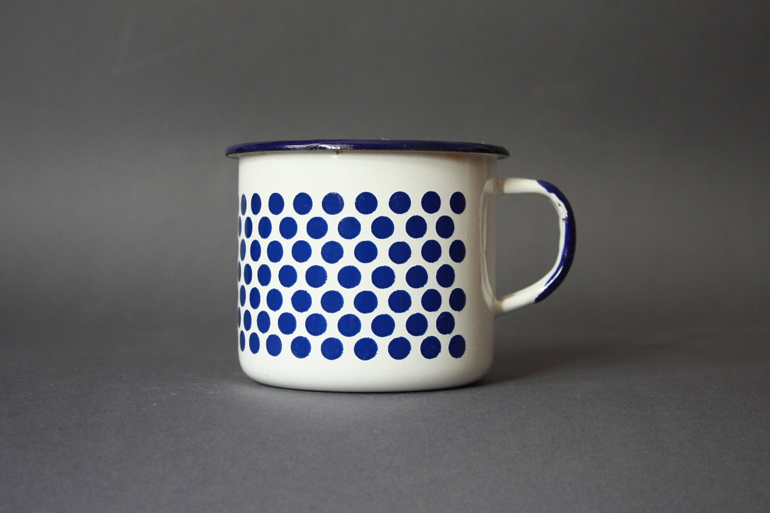 Vintage Enamel White and Blue Polkadots Mug