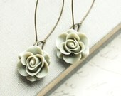 Green Rose Earrings, Grey Sage, Long Dangle Shabby Chic Jewelry, Floral Accessories, Drop Earrings, Beach Stone Green