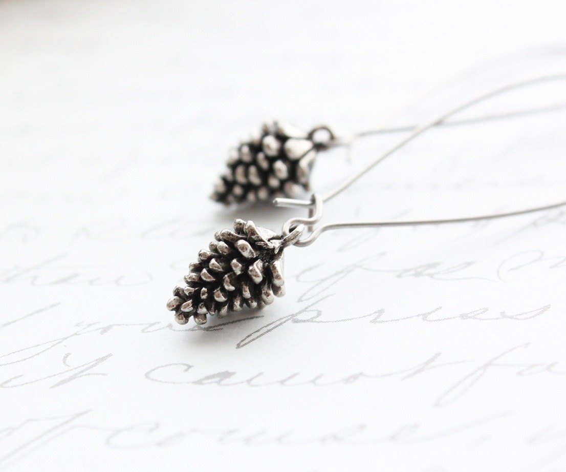 Pine Cone Earrings, Long Dangle Earrings Pinecone Christmas Silver Pewter Winter Woodland Jewelry,  Forest Nature Inspired Jewellery - apocketofposies