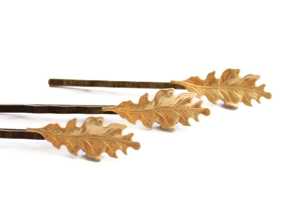 Leaf Bobby Pins, Gold Fall Leaves, Autumn Hair Accessories, Golden Raw Brass, Hair Pins, Autumn Leaves, Oak Leaf, Woodland Accessories